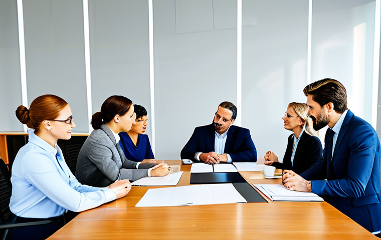 **

"A group of diverse professionals collaborating around a conference table in a bright, modern office. They are reviewing documents and discussing ideas. Everyone is fully clothed in appropriate business attire. Safe for work, perfect anatomy, natural proportions, professional setting, modest clothing, well-formed hands, proper finger count, family-friendly."

**