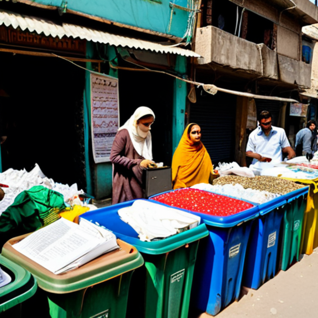 순환 경제 모델 - Recycling Scene**

Prompt: "A bustling Urdu bazaar scene, overflowing with colourful textiles and ha...