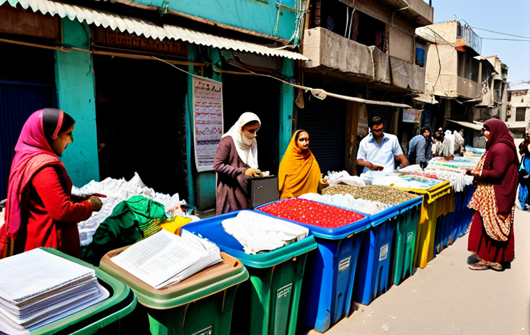 순환 경제 모델 - Recycling Scene**

Prompt: "A bustling Urdu bazaar scene, overflowing with colourful textiles and ha...