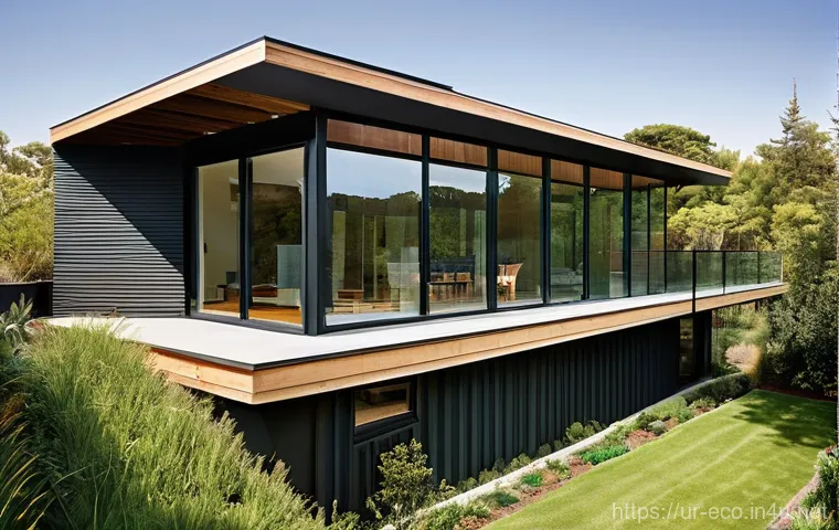 에코하우스 설계 - **Prompt:** "An interior shot of an eco-friendly living room, filled with abundant natural light str...