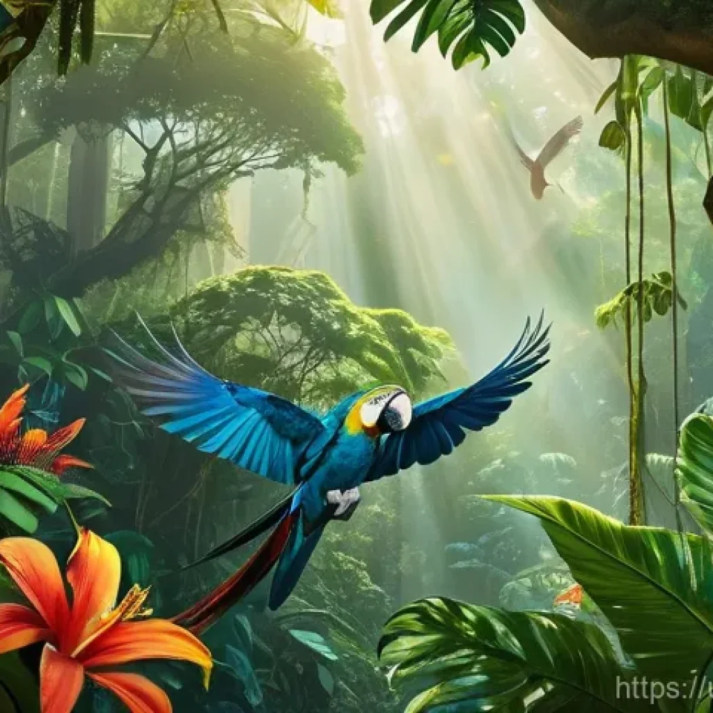 생물군계 특징 - **A majestic and vibrant tropical rainforest.** The image captures a dense canopy of towering trees,...