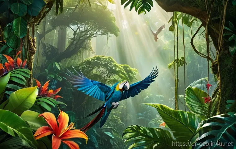 생물군계 특징 - **A majestic and vibrant tropical rainforest.** The image captures a dense canopy of towering trees,...