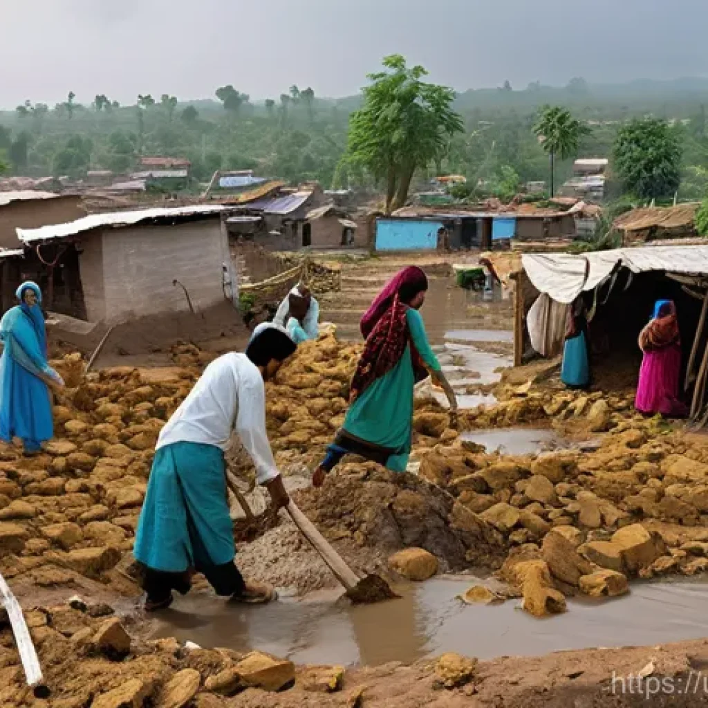 자연재해와 생태 복원 - **Prompt:** A wide-angle, cinematic shot depicting a resilient community in the aftermath of a sever...