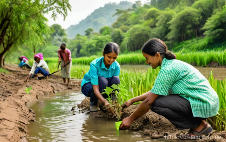 자연재해와 생태 복원 - **Prompt:** A wide-angle, cinematic shot depicting a resilient community in the aftermath of a sever...