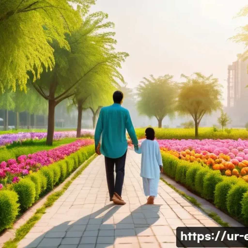 환경법과 규제 - A serene landscape of a clean, vibrant Pakistani city park at sunrise. In the foreground, a young Pa...