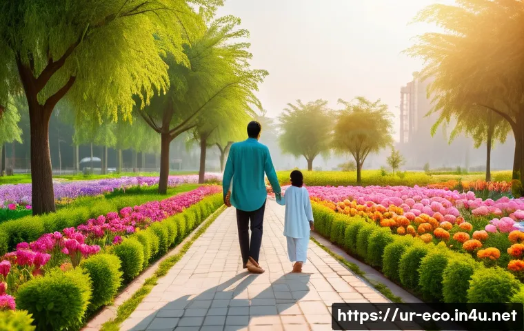 환경법과 규제 - A serene landscape of a clean, vibrant Pakistani city park at sunrise. In the foreground, a young Pa...