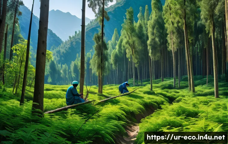 산림 탄소흡수원 - A lush Himalayan forest scene in northern Pakistan, dense with vibrant green trees and diverse wildl...