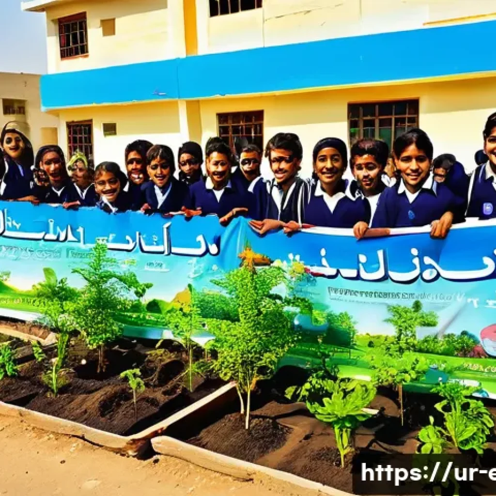 환경 감수성 교육 - A vibrant school garden scene in a Pakistani urban school courtyard featuring diverse children aged ...