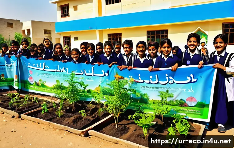 환경 감수성 교육 - A vibrant school garden scene in a Pakistani urban school courtyard featuring diverse children aged ...