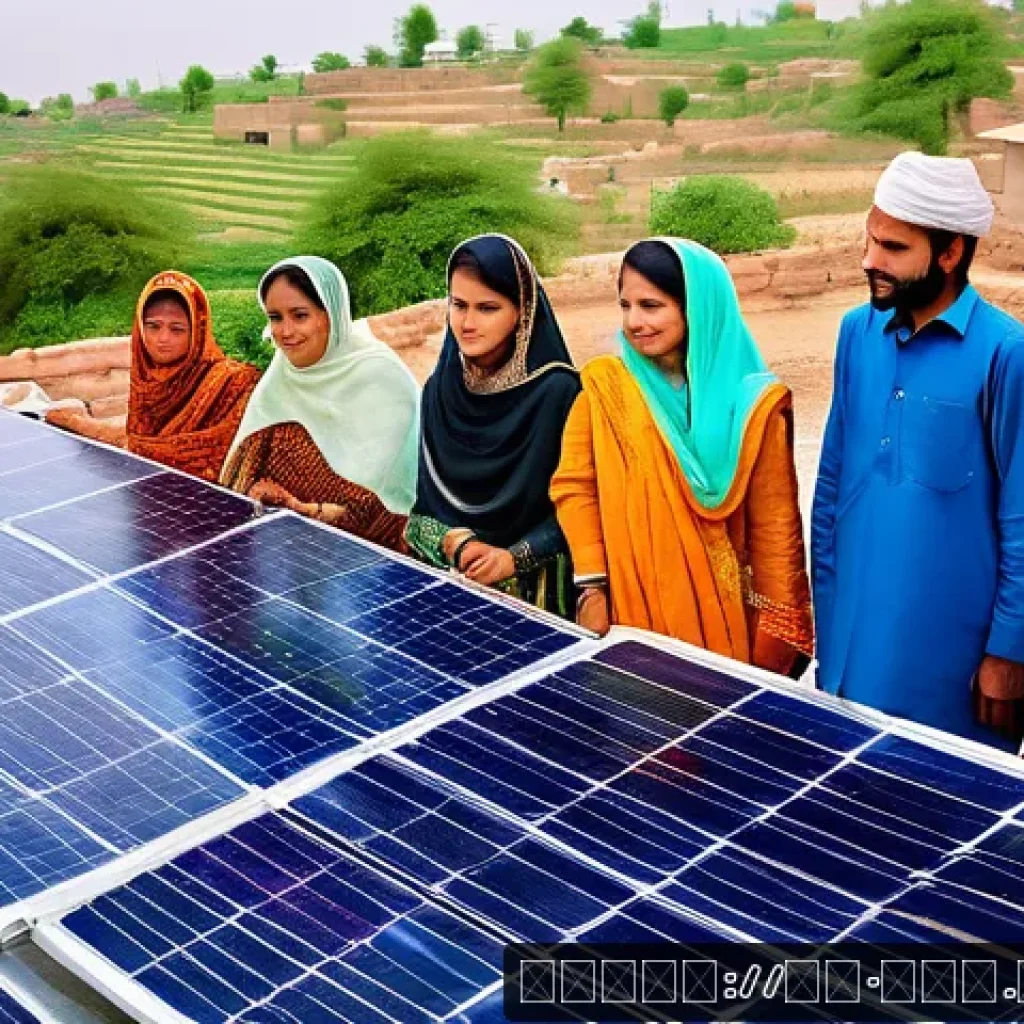 지속가능한 에너지 전환 - A vibrant community solar energy project scene in a small Pakistani village, featuring diverse men a...
