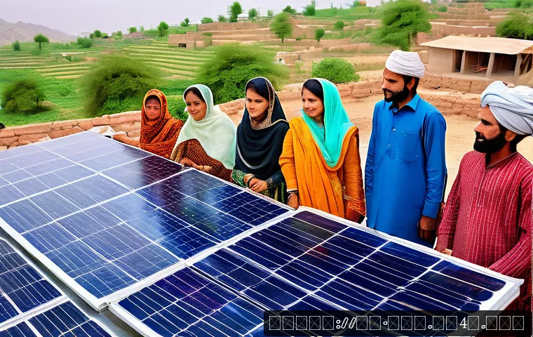 지속가능한 에너지 전환 - A vibrant community solar energy project scene in a small Pakistani village, featuring diverse men a...