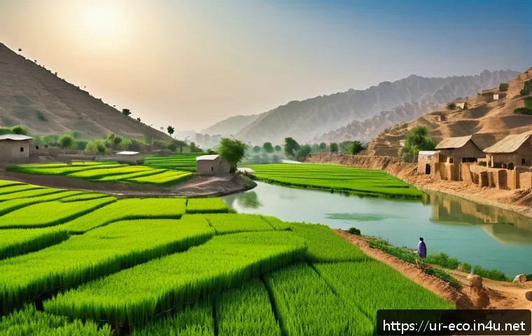 생태적 가치 평가 - A vibrant rural Pakistani village scene highlighting sustainable environmental practices: lush green...