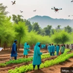 자연 서식지 복원 - A vibrant forest restoration scene in rural Pakistan showing local community members, including men ...
