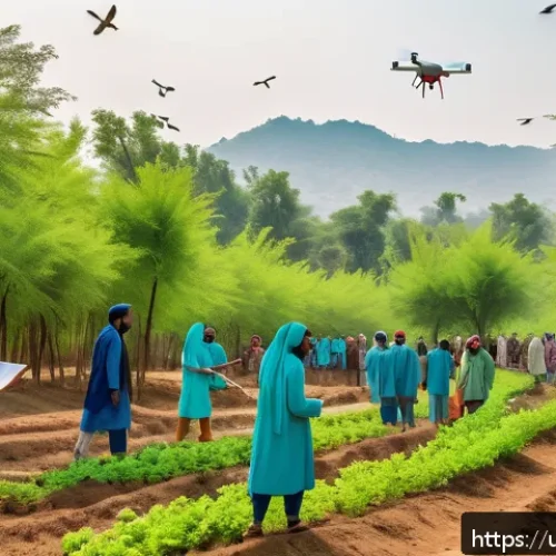 자연 서식지 복원 - A vibrant forest restoration scene in rural Pakistan showing local community members, including men ...