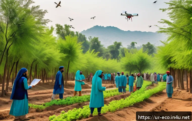 자연 서식지 복원 - A vibrant forest restoration scene in rural Pakistan showing local community members, including men ...