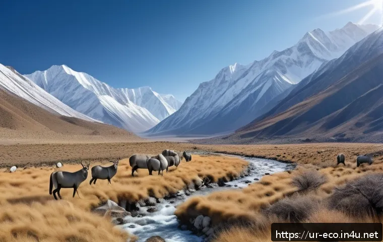 고산 지대 생태 - A breathtaking high-altitude valley scene in the Himalayas during early spring, showcasing rare alpi...
