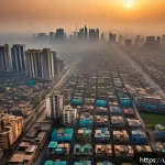 AI 기반 생태 연구 - A highly detailed aerial view of a bustling urban cityscape in Pakistan during sunset, showcasing re...