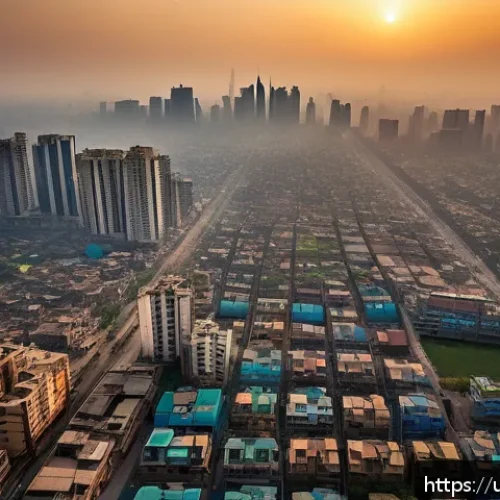 AI 기반 생태 연구 - A highly detailed aerial view of a bustling urban cityscape in Pakistan during sunset, showcasing re...