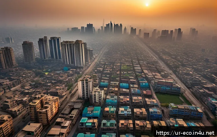 AI 기반 생태 연구 - A highly detailed aerial view of a bustling urban cityscape in Pakistan during sunset, showcasing re...
