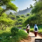 에코투어리즘 - A serene natural park scene in Pakistan showing environmentally friendly tourism: a family wearing m...