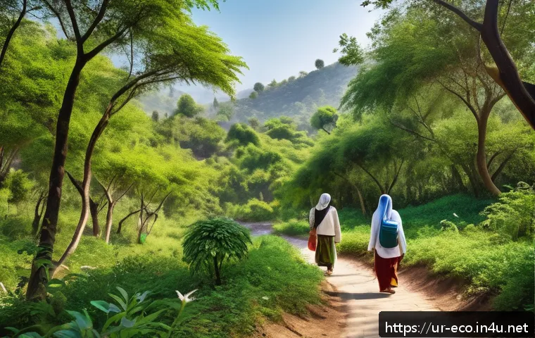 에코투어리즘 - A serene natural park scene in Pakistan showing environmentally friendly tourism: a family wearing m...