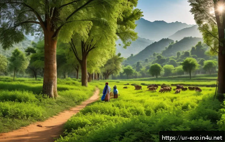 산림 생태계 - A lush, vibrant forest scene in the heart of rural Pakistan with tall, healthy trees full of green l...