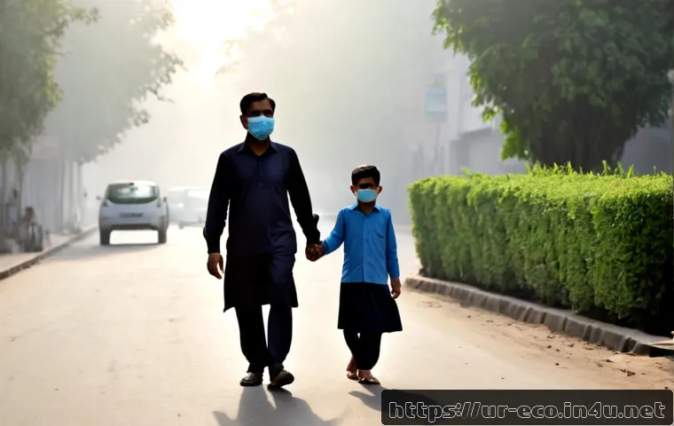 Home 17 미세먼지와 건강 - Photorealistic early morning in Lahore, Pakistan, a middle-aged Urdu-speaking family wearing simple ...