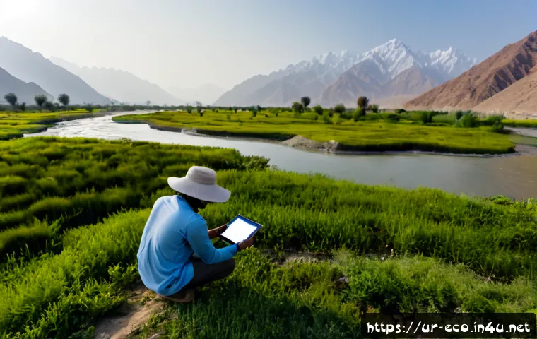 Home 17 드론을 이용한 생태 연구 - Photorealistic aerial ecology research scene in northern Pakistan, a small quadcopter drone hovering...